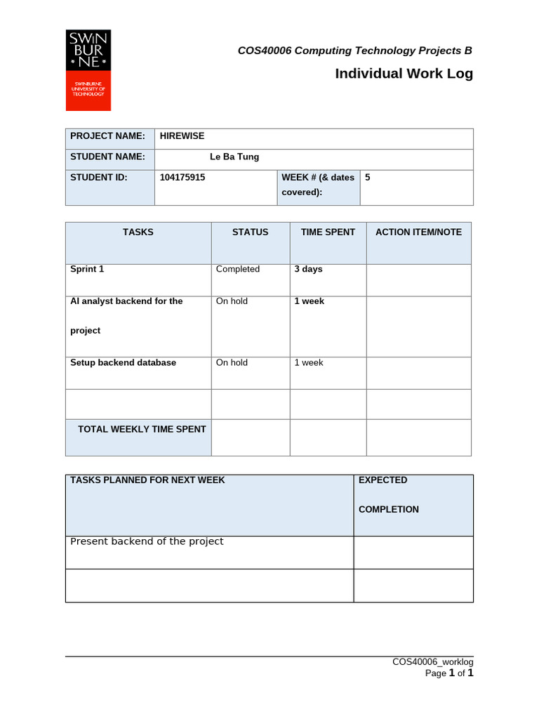 EAT40006 Worklog Template | PDF