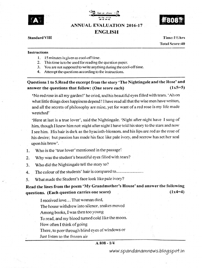 Kerala Class 8 Annual Exam March 2017 English Question Paper | PDF