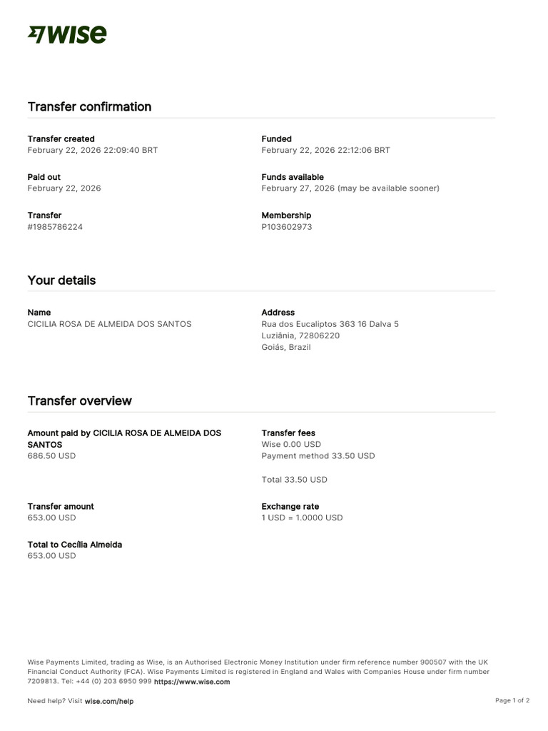 Wise Transfer Confirmation Transfer 1985786224 7558493974 PT | PDF ...