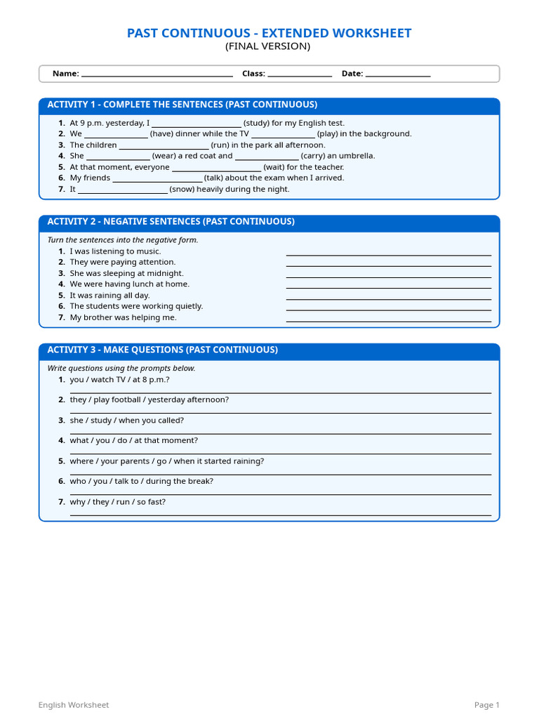 Past Continuous Worksheet | PDF | Linguistics