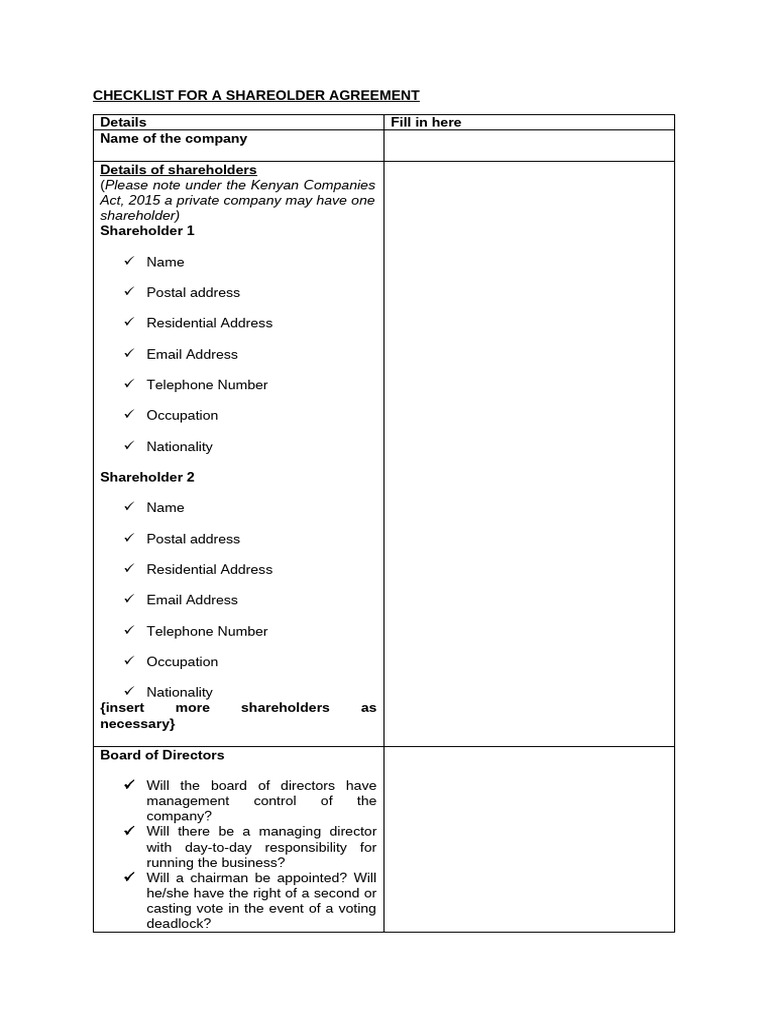 Checklist For A Shareholder Agreement | PDF | Dividend | Board Of Directors