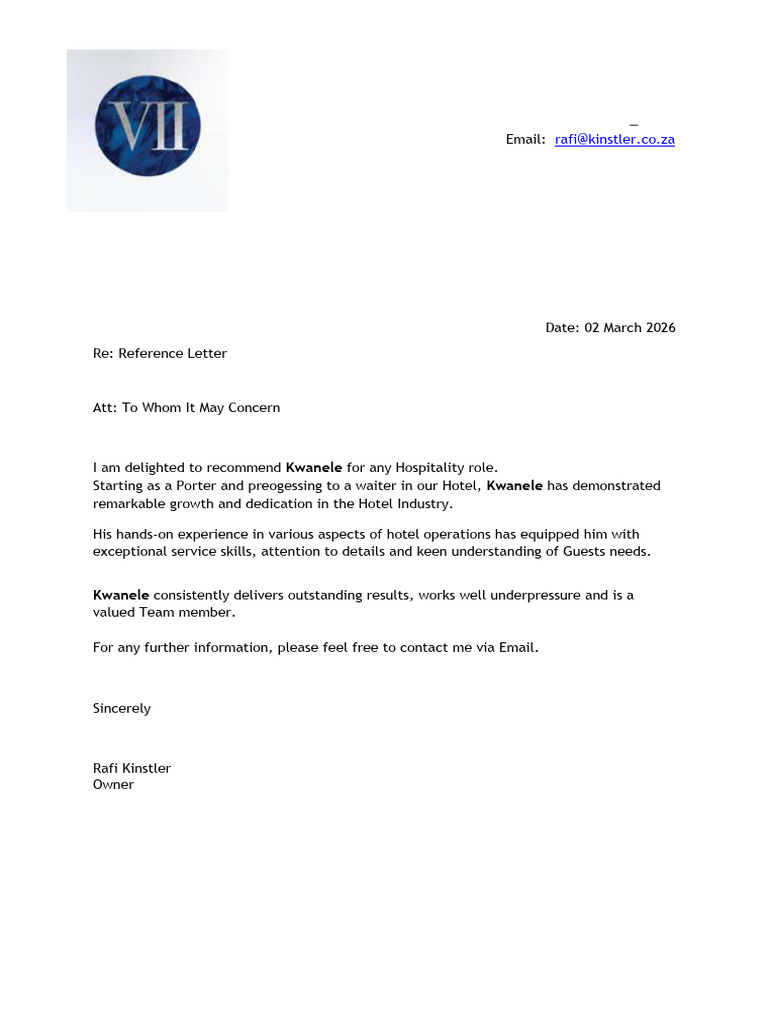 Seven Vila Hotel & Spa (Reference Letter For Kwanele) | PDF
