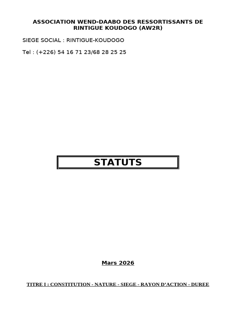 Statut de L'association WEND-DAABO | PDF | Banques | Assemblée générale ...