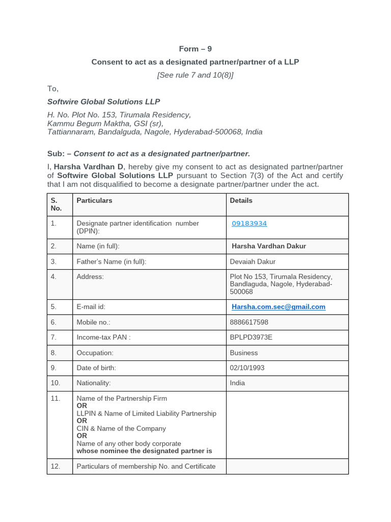 LLP Consent Form 9 and Subscribers Sheet | PDF | Limited Liability ...