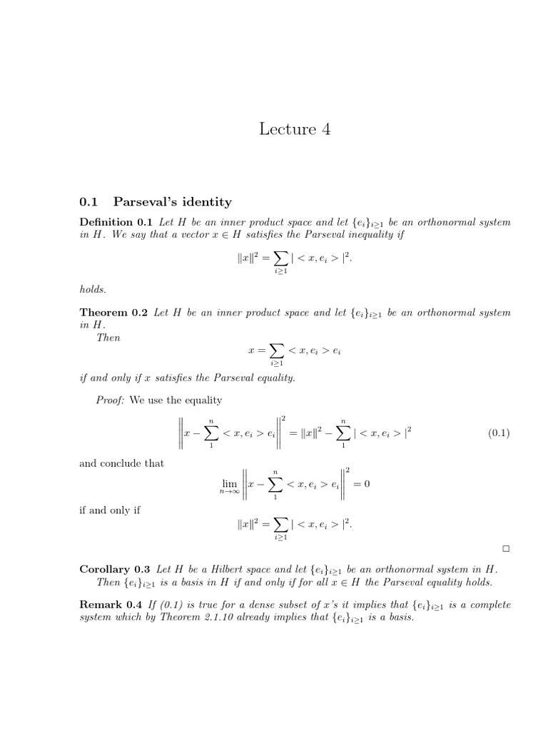 Lecture 4 | PDF | Hilbert Space | Vector Space