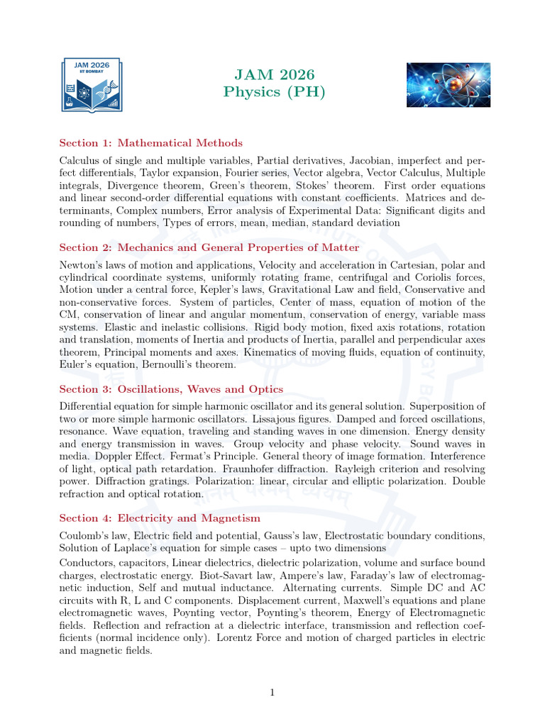 Iit Jam (2026) Phy's Syllabus - PH | PDF | Waves | Force