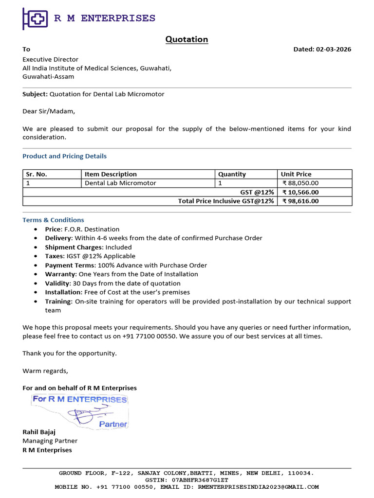 Quotation For Dental Lab Micromotor | PDF