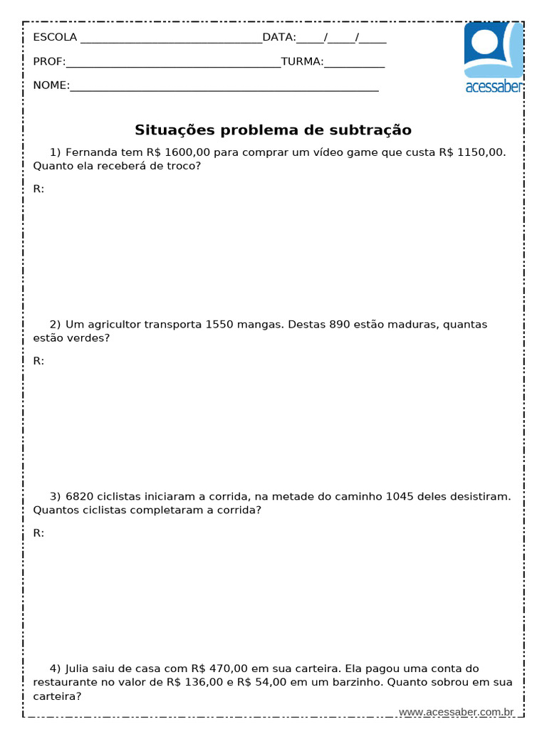 Atividade de Matematica Problemas de Subtracao 5 Ano (1) | PDF