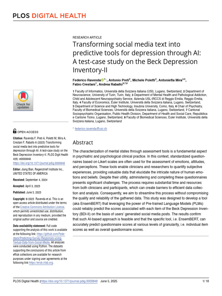 Transforming Social Media Text Into Predictive Tools For Depression ...