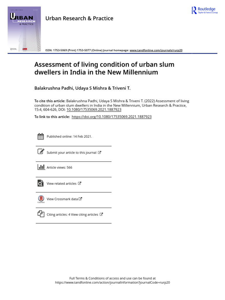 Assessment of Living Condition of Urban Slum Dwellers in India in the ...