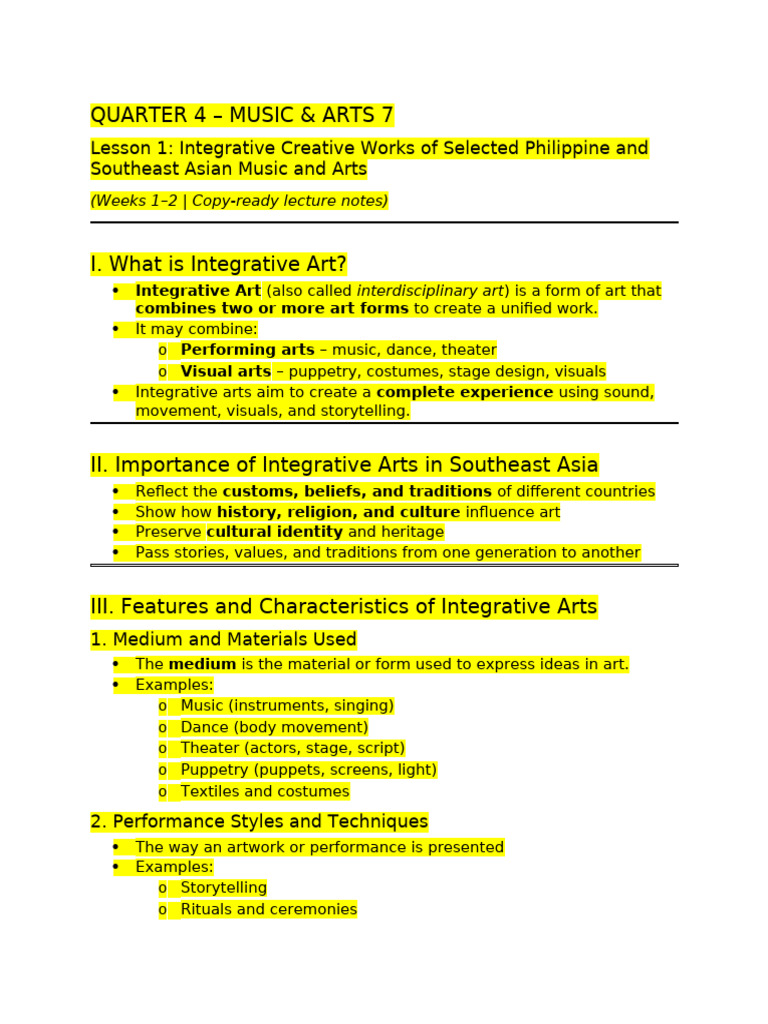 Grade 7 Music Arts Lesson 1 Weeks 12 Student Notes | PDF | The Arts ...