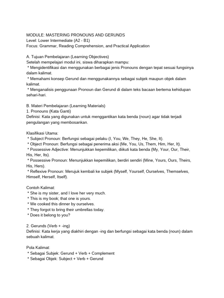 Module - Mastering Pronouns and Gerunds | PDF | Pronoun | Linguistic ...