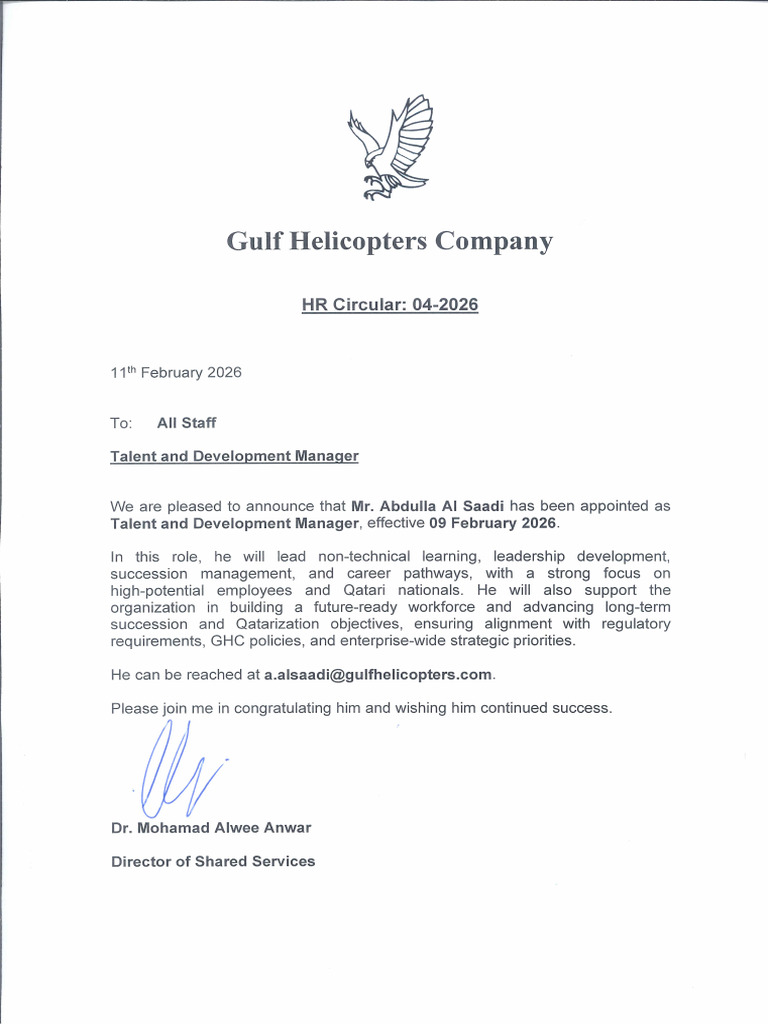 HR Circular 04-2026 - Talent and Development Manager | PDF