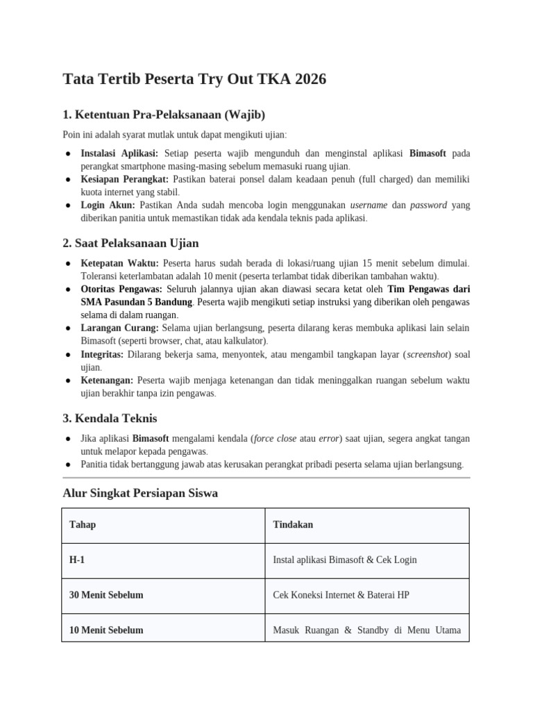 Aturan Try Out TKA Dan Instalasi Bimasoft | PDF