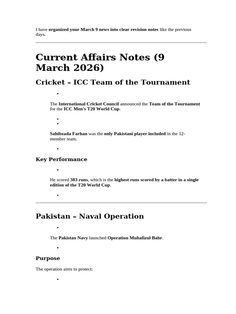 Current Affairs Notes (9 March 2026) : Cricket - ICC Team of The ...