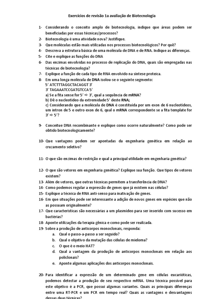 Exercícios de Revisão 1a Avaliação de Biotecnologia | PDF | DNA | RNA