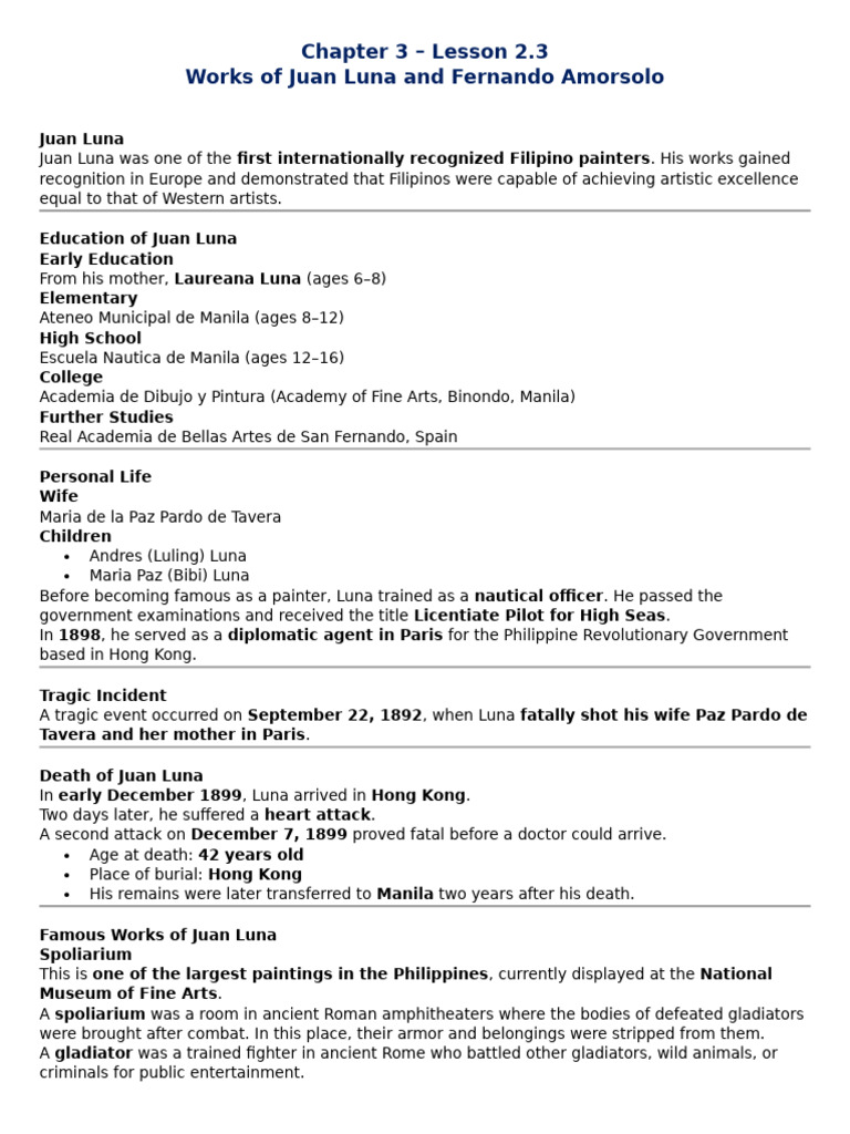 Chapter 2 Lesson 2.3 Works of Juan Luna and Fernando Amorsolo | PDF ...