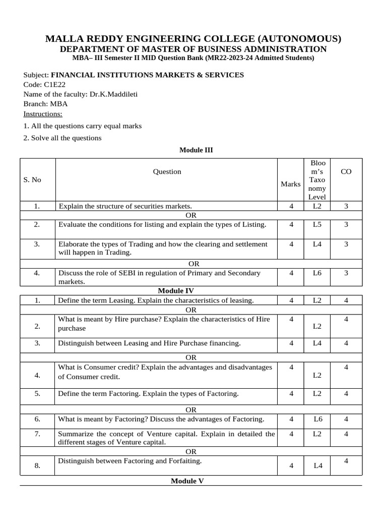 Mba III Sem Fims II Mid Subjective QB | PDF