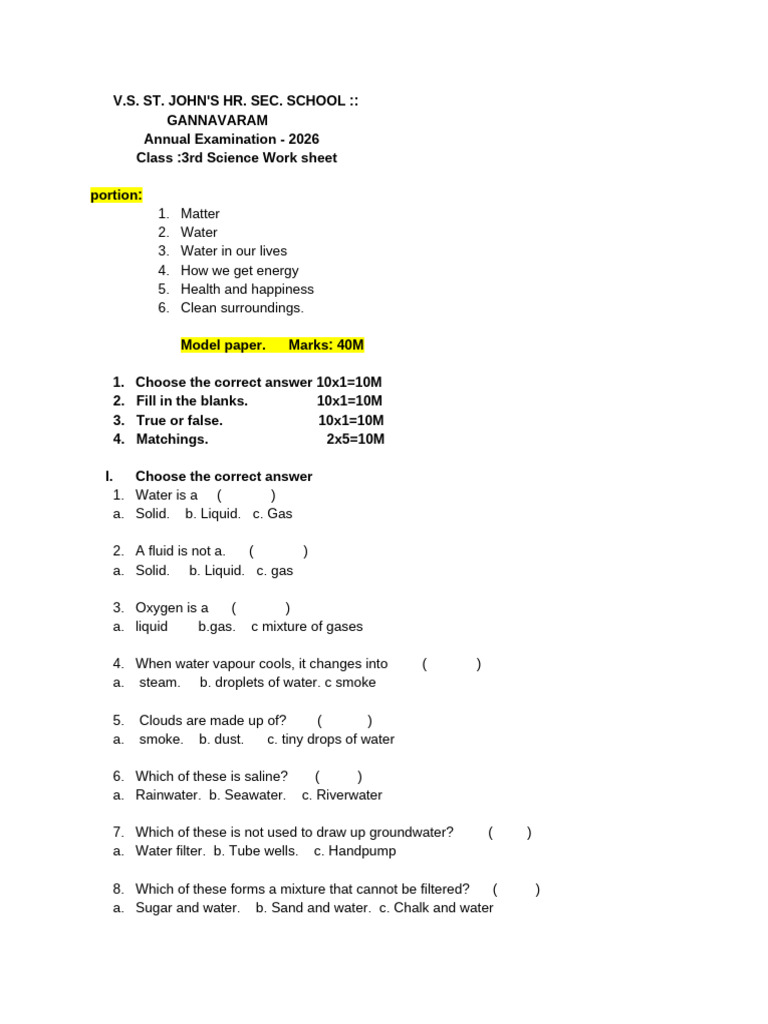 Class 3rd Science Worksheet | PDF | Water | Kerosene