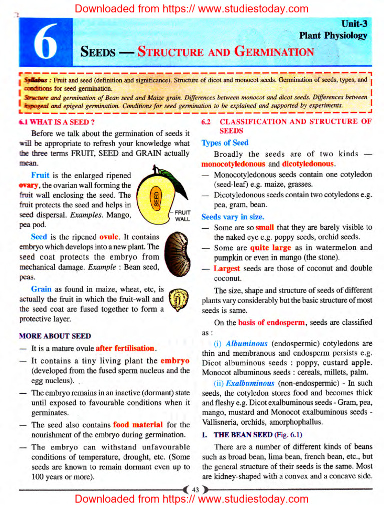 ICSE Selina Class 9 Biology Chapter 06 Seeds Structure and Germination ...