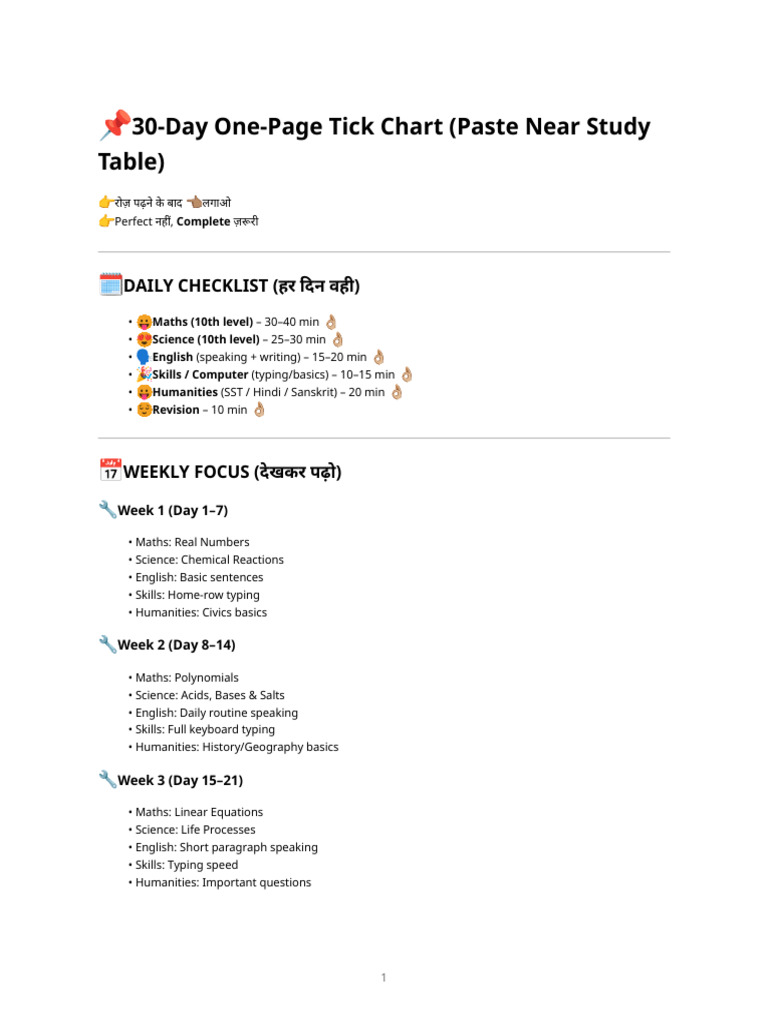 30-Day Study Work Chart (All Subjects) | PDF