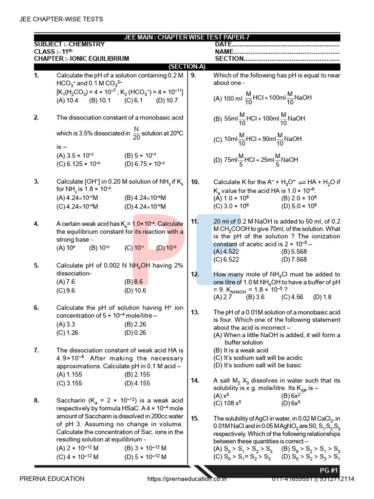 7 Ionic Equilibrium Question Chemistry 1 | PDF | Acid | Ph