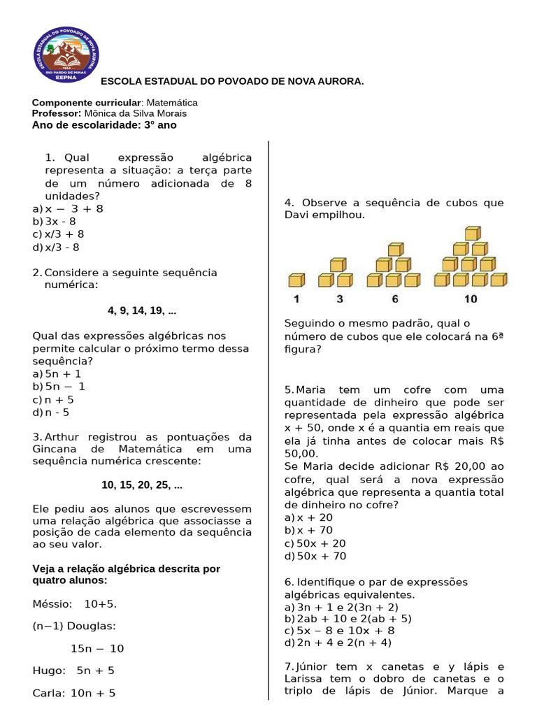 Expressão Numerica e Sequencia | PDF | Sequência | Matemática