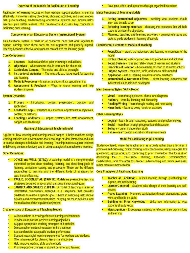 Overview of The Models For Facilitation of Learning | PDF | Learning ...