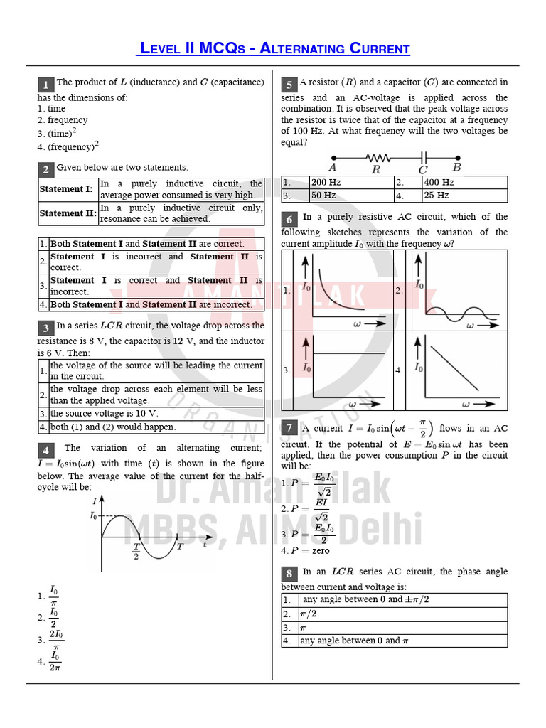 Level II MCQs - Alternating Current | PDF | Inductor | Capacitor
