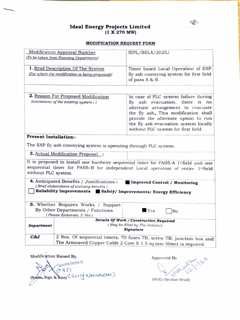 Modification Note For Esp Fly Ash Evacuation Timer Base Local Operation ...
