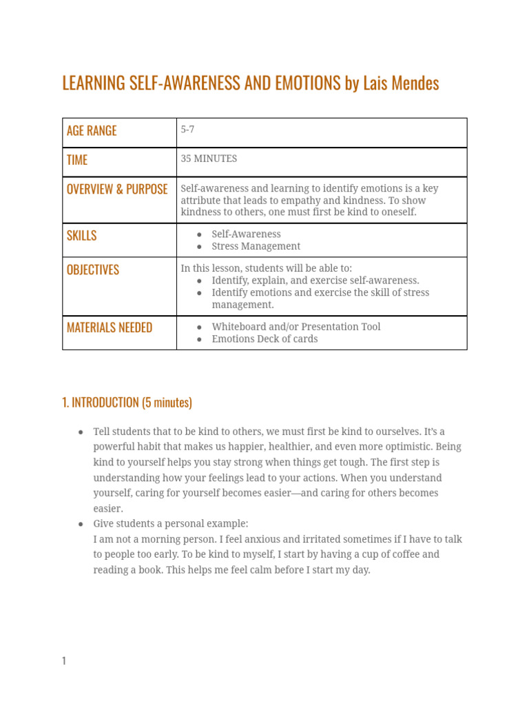 Lesson plan_Learning Awarenes and Emotions | PDF
