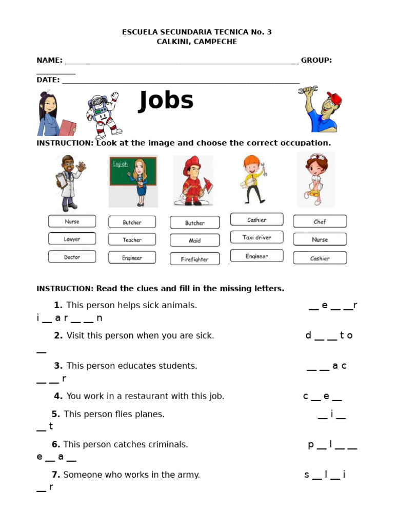 Jobs Worksheet Primer Grado Tec 3 | PDF