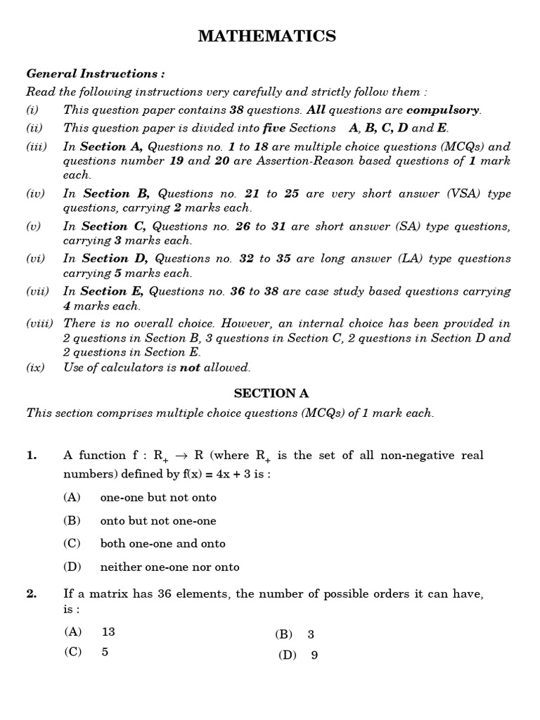 Maths - Grade XII - Sample Paper 1 | PDF | Multiple Choice | Mathematics