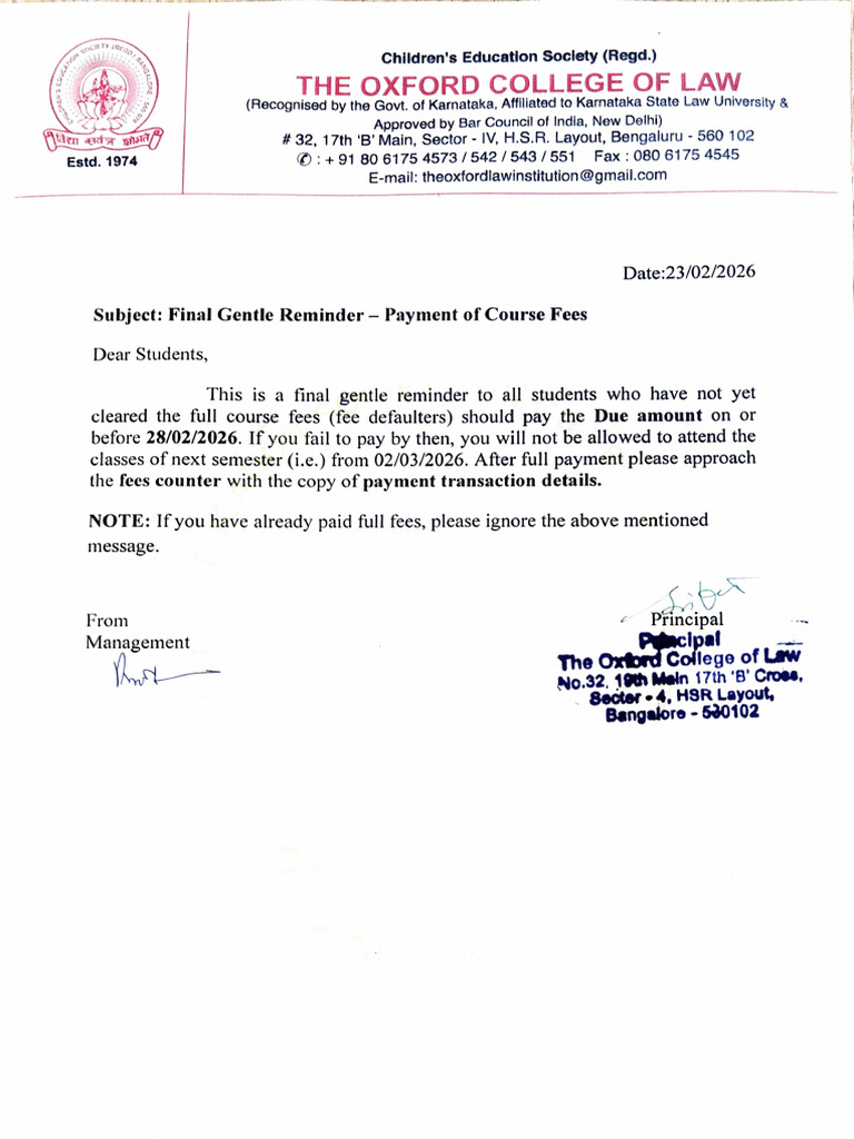 Final Gentle Reminder - Payment of Course Fees | PDF
