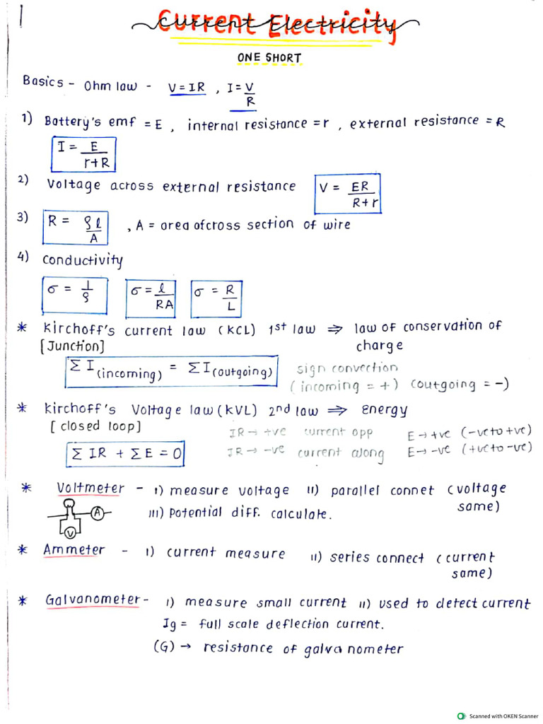 Current Electricity - Short Notes (Class Room Students Copy) | PDF