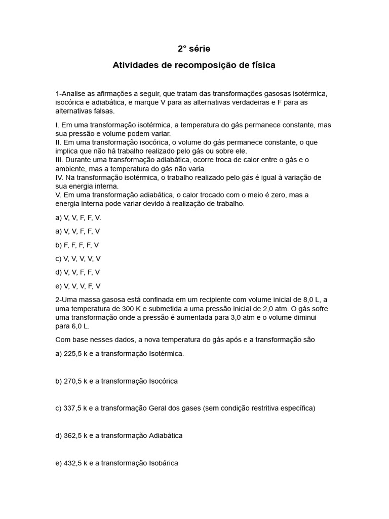 Lista Recomposição de Fisica 2 Ano | PDF