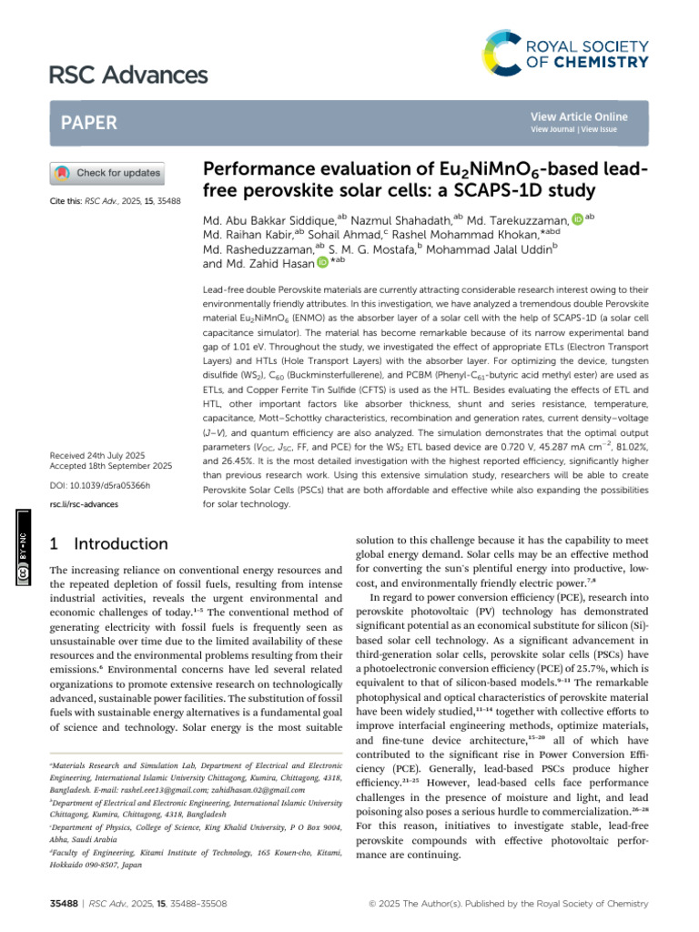 Performance Evaluation of Eu2NiMnO6-Based Lead | PDF | Solar Cell ...