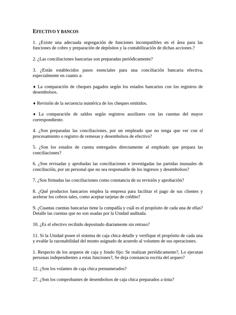 1.6 Cuestionario Control Interno Efectivo y Bancos | PDF | Cheque | Bancos