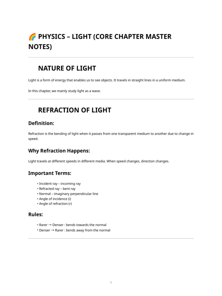 Physics Light Chapter Complete Notes | PDF | Refraction | Refractive Index