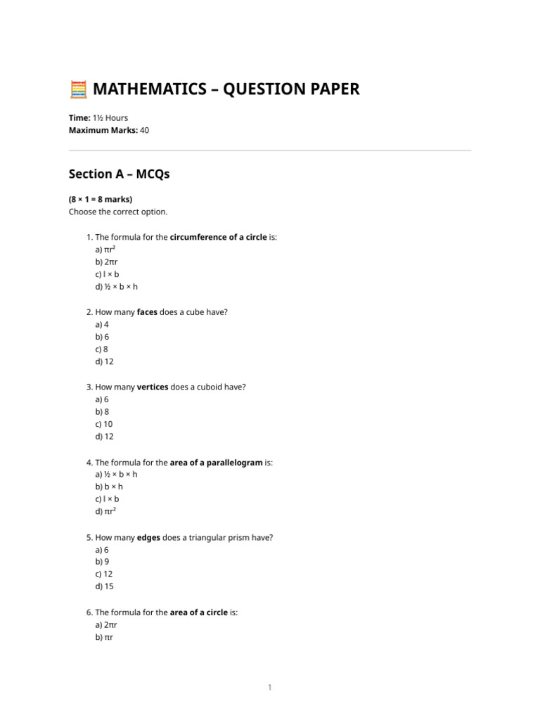 Math Question Paper - 40 Marks | PDF