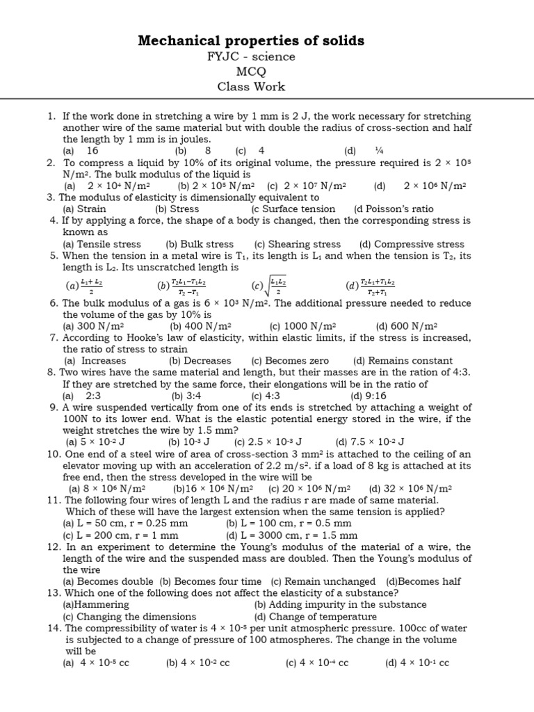 Emailing Mechanical Properties of Solids MCQ | PDF | Young's Modulus ...