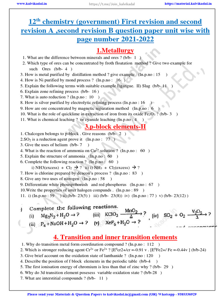 12th Chemistry Rev Test Unit Wise | PDF | Transition Metals | Lanthanide