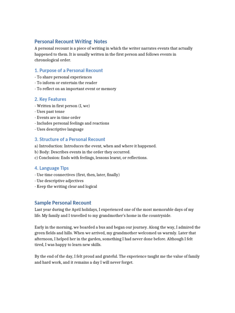 Personal Recount Writing Notes and Sample | PDF