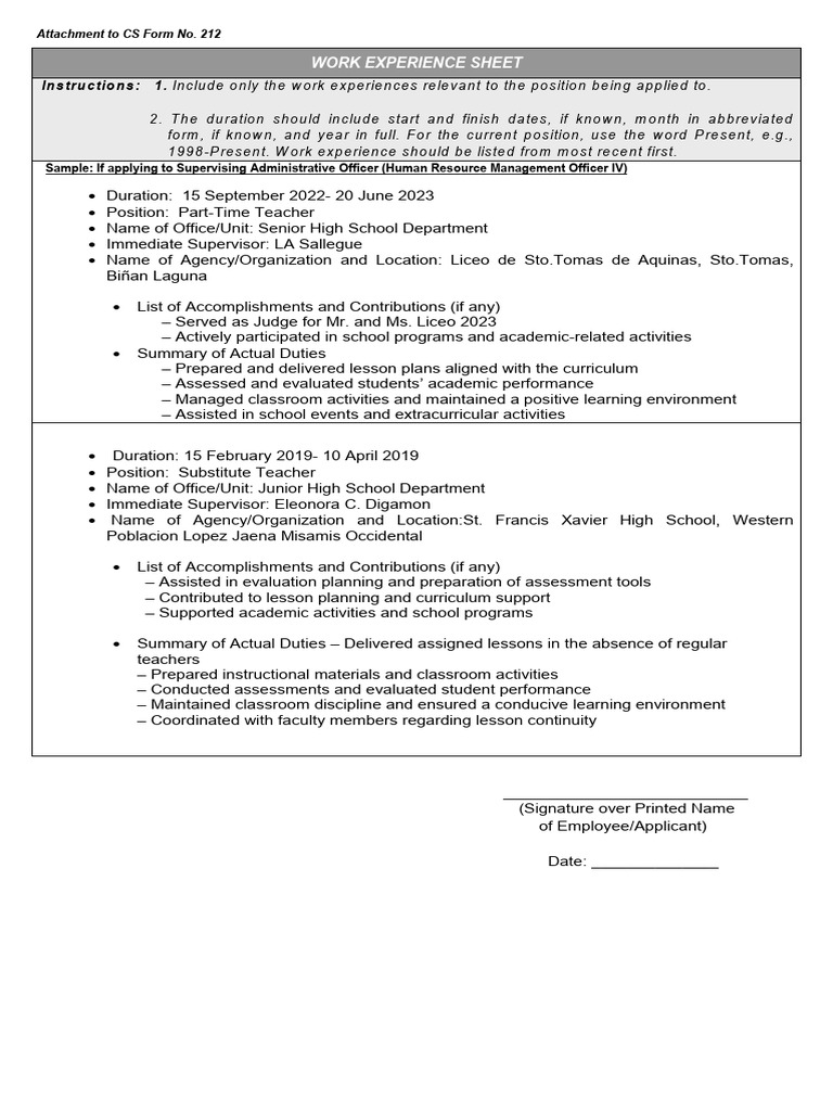 Work Exp Sheet | PDF | Pedagogy | Teaching