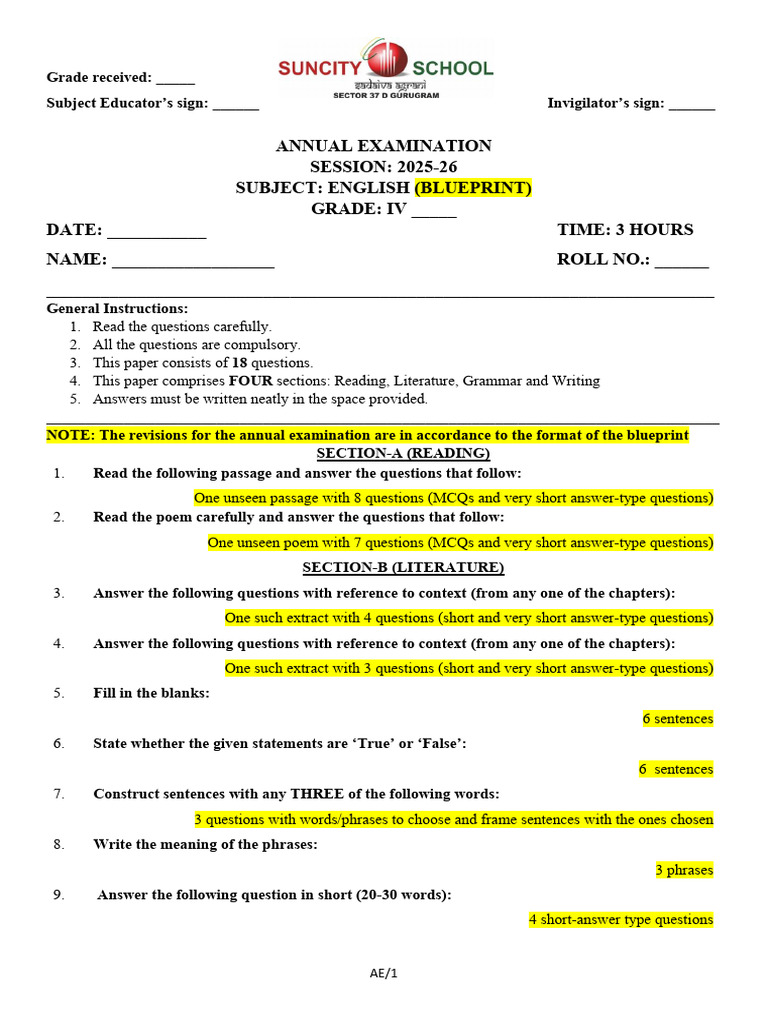 ASM4_Annual Examination - Blueprint - Grade IV | PDF | Adverb ...