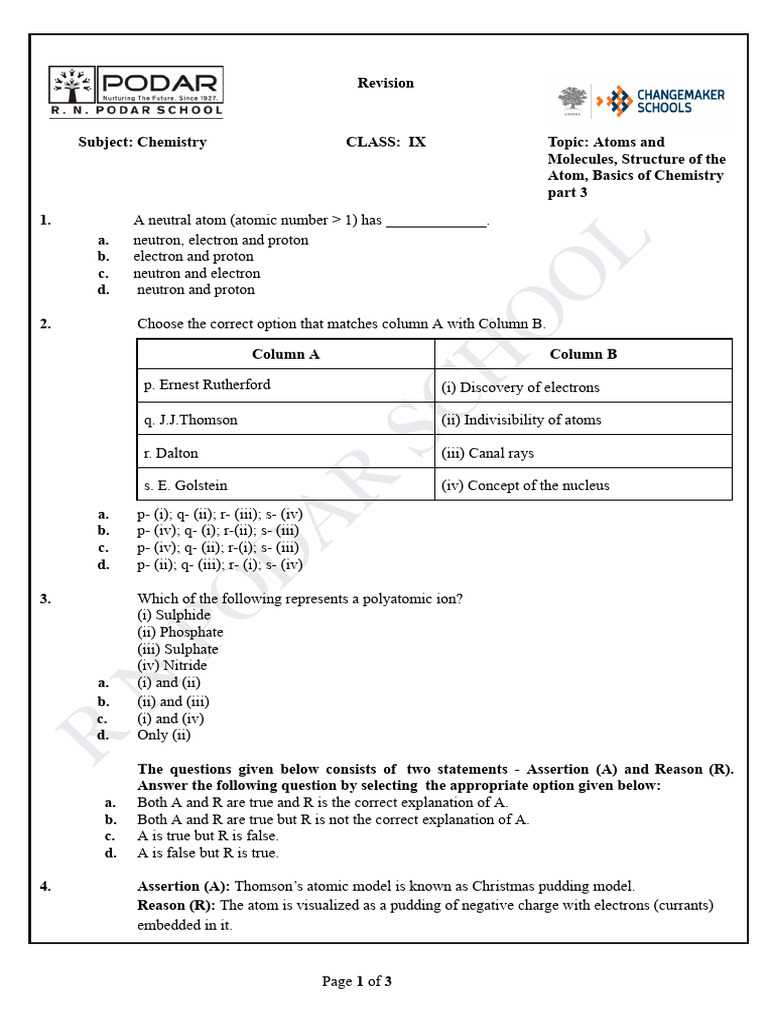 Chemistry Revision Grade 9 2025-26 | PDF | Atoms | Chemistry