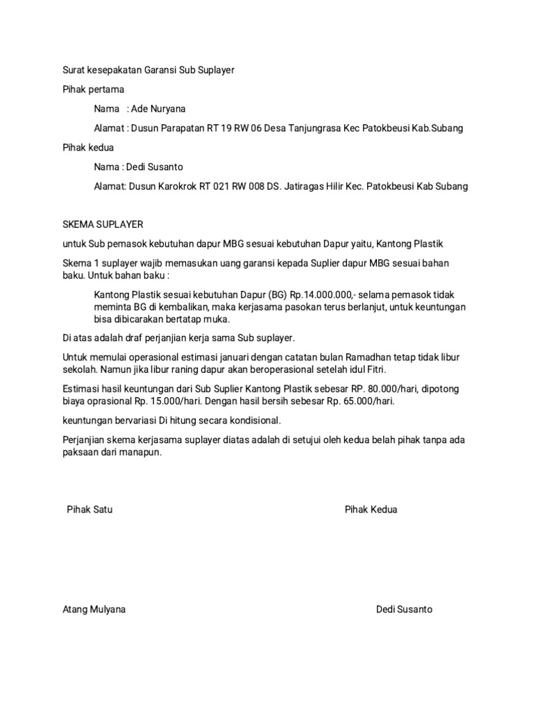 Surat Kesepakatan Garansi Sub Suplayer | PDF