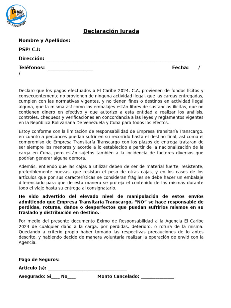 Nueva Declaracion Jurada Con Seguro | PDF