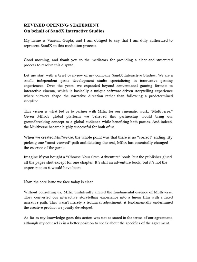 Revised Opening Statement Sand-x | PDF | Narrative | Mediation