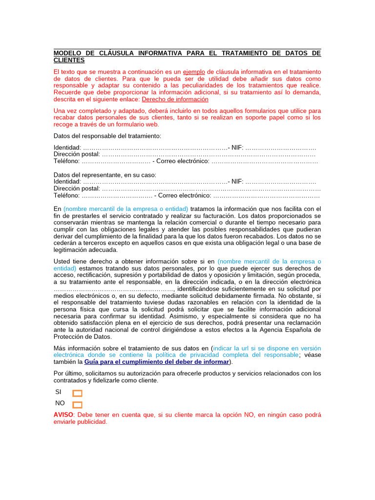 Modelo de Clausula Informativa de PD Clientes | PDF | Privacidad de la ...